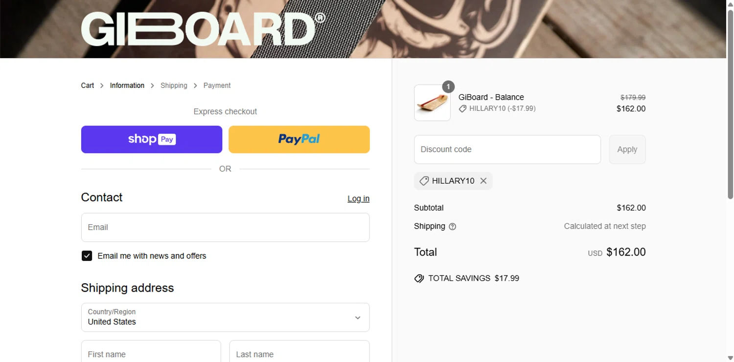 GiBoard US promo code screenshot showing code Hillary10 applied at GiBoard US checkout page. Uploaded by SimplyCodes community member anosesmith on Jun 27, 2025