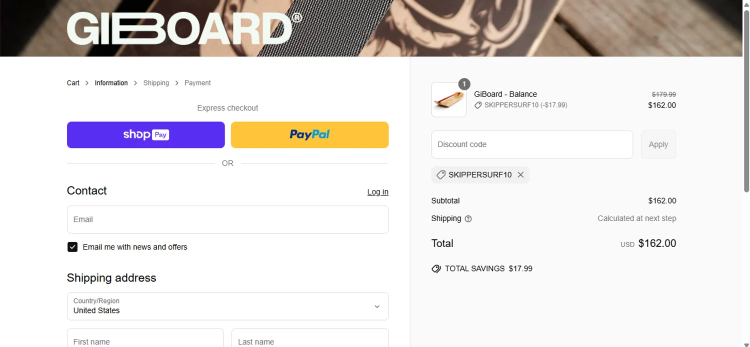 GiBoard US promo code screenshot showing code SKIPPERSURF10 applied at GiBoard US checkout page. Uploaded by SimplyCodes community member anosesmith on Jun 15, 2025