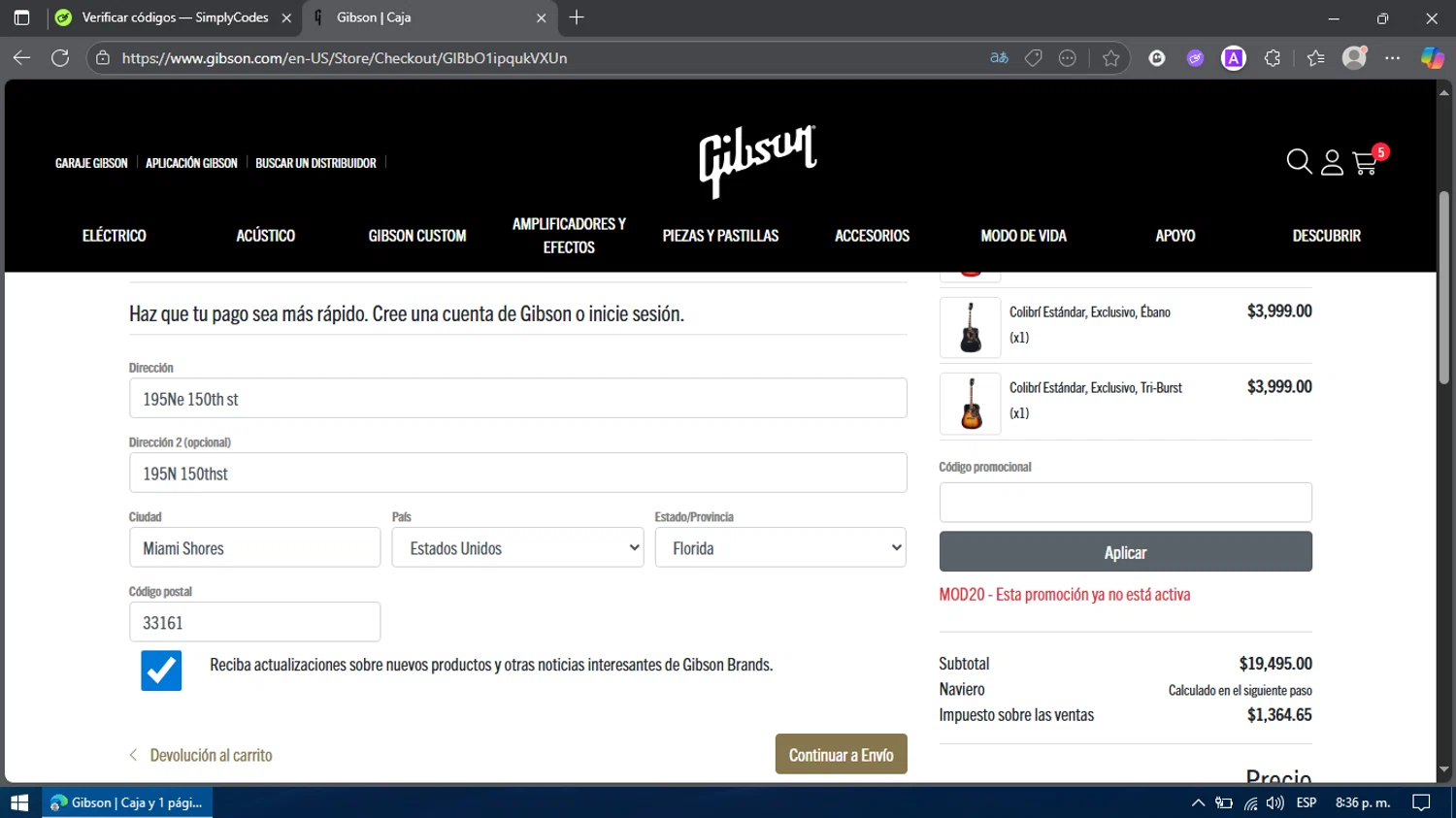Gibson promo code screenshot showing code MOD20 applied at Gibson checkout page. Uploaded by SimplyCodes community member Billy2222 on Aug 7, 2025