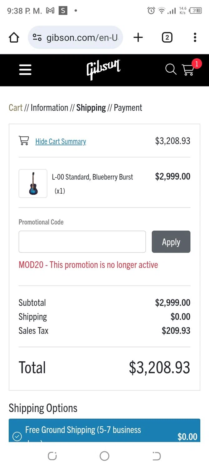 Gibson promo code screenshot showing code MOD20 applied at Gibson checkout page. Uploaded by SimplyCodes community member CoinBoss7109 on Aug 7, 2025