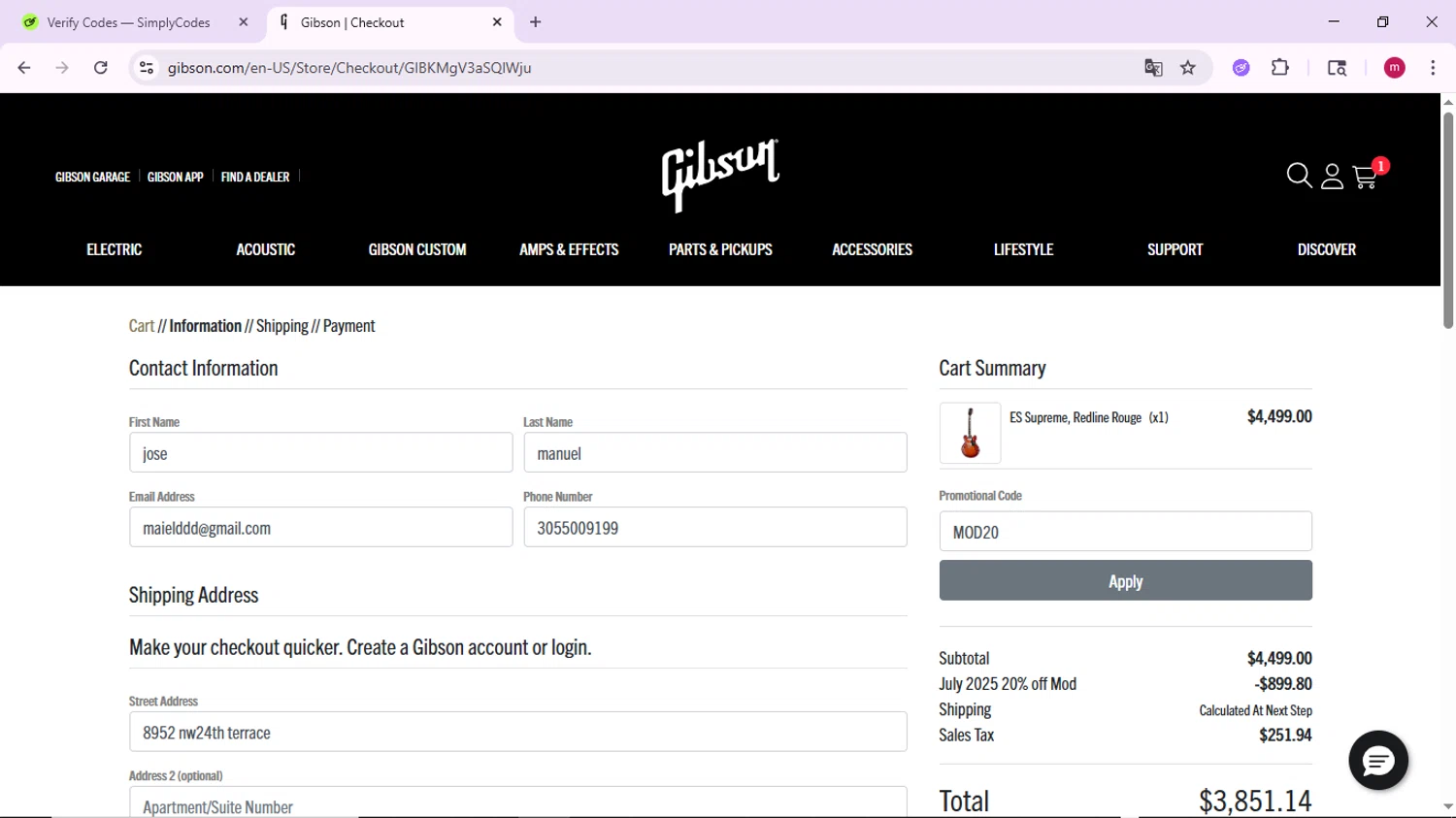Gibson checkout page showing Gibson promo code box | Screenshot taken by SimplyCodes community member on Jul 31, 2025