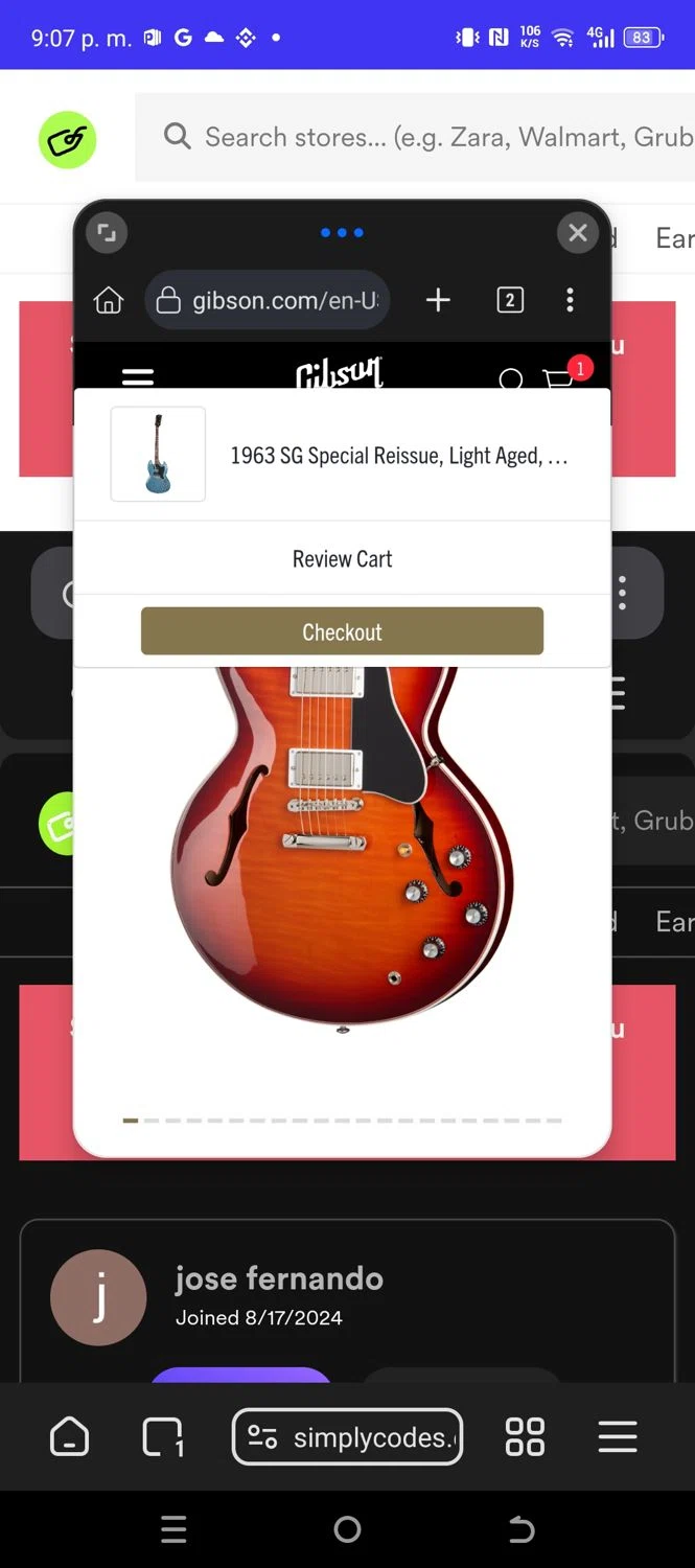 Gibson promo code screenshot showing code MOD20 applied at Gibson checkout page. Uploaded by SimplyCodes community member Rapunzel on Aug 7, 2025