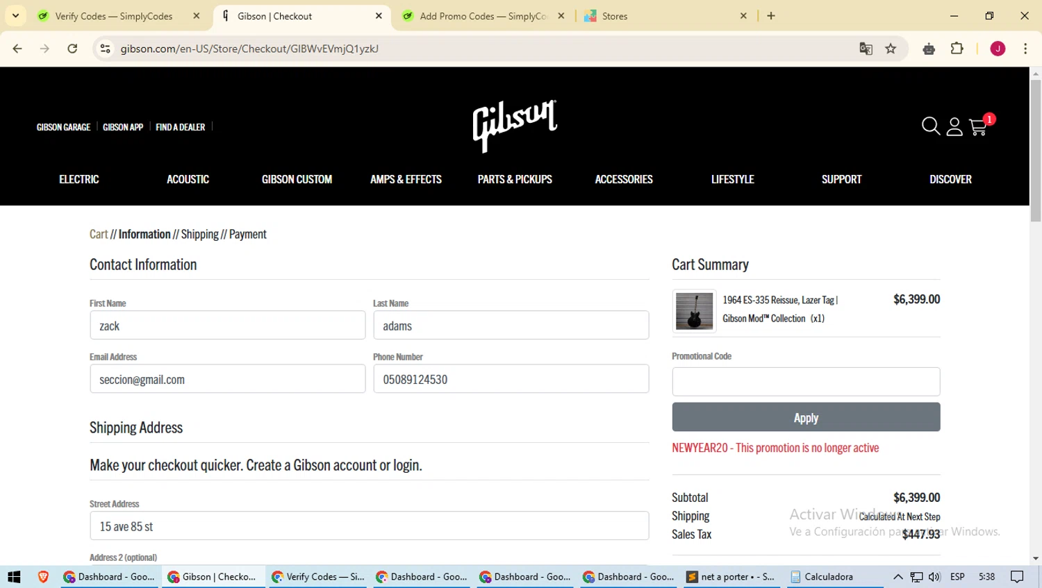 Gibson promo code screenshot showing code NEWYEAR20 applied at Gibson checkout page. Uploaded by SimplyCodes community member CashAce3869 on Jan 26, 2025