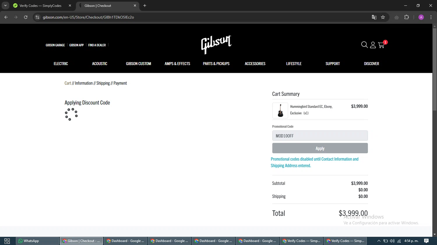 Gibson checkout page showing Gibson promo code box | Screenshot taken by SimplyCodes community member on Jan 15, 2025