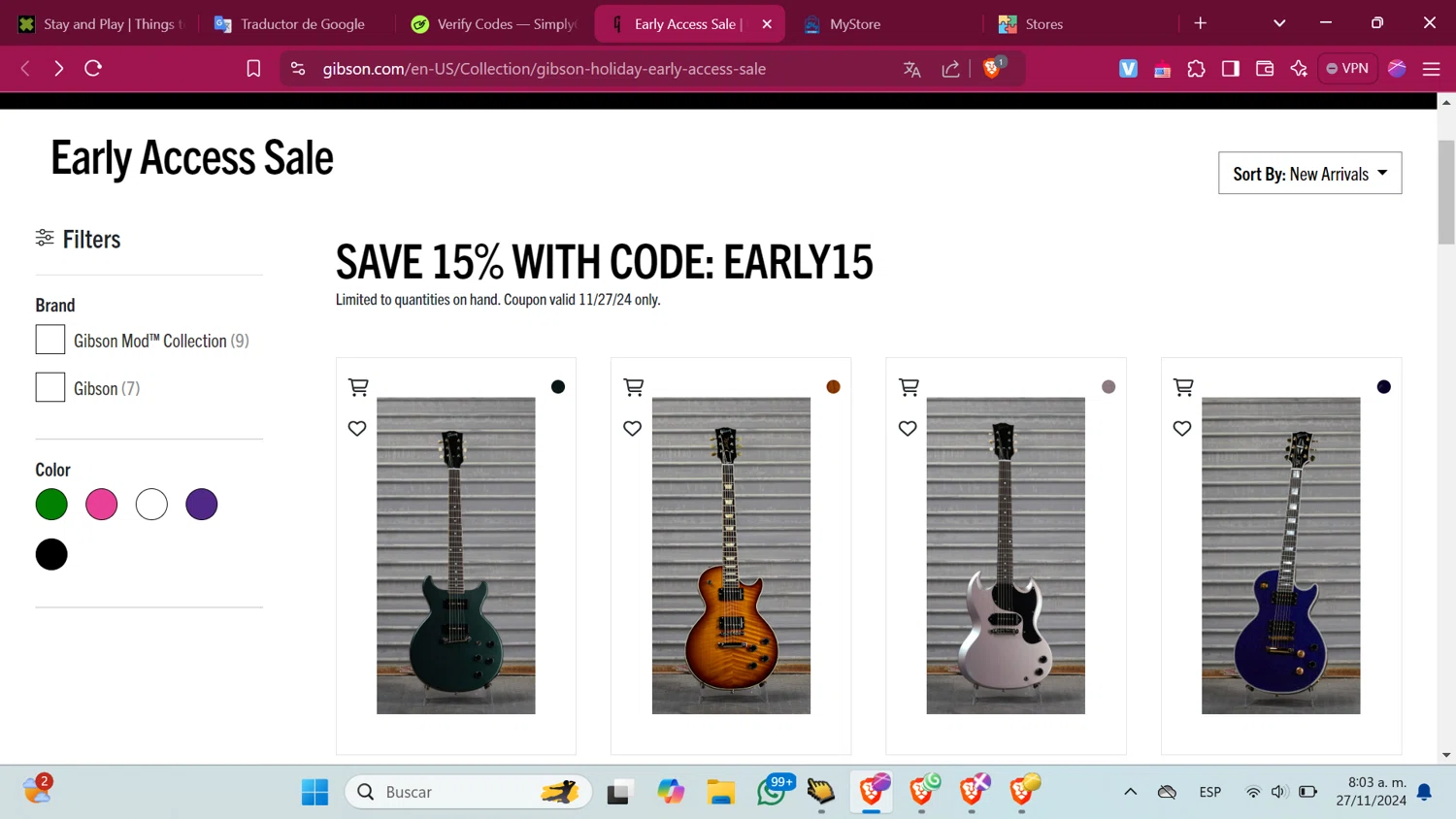 Gibson checkout page showing Gibson promo code box | Screenshot taken by SimplyCodes community member on Nov 27, 2024