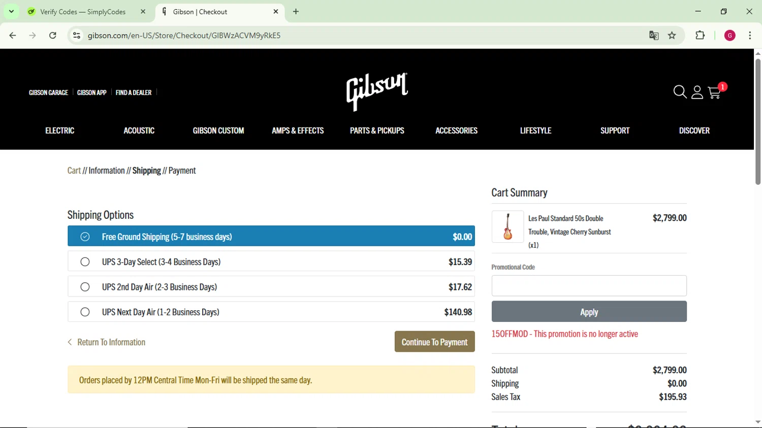 Gibson promo code screenshot showing code 15OFFMOD applied at Gibson checkout page. Uploaded by SimplyCodes community member CrownFinder3074 on Apr 2, 2025