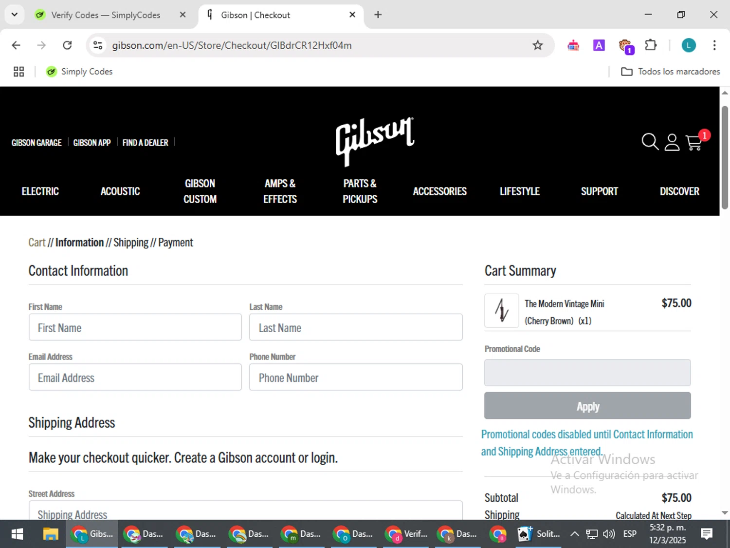 Gibson checkout page showing Gibson promo code box | Screenshot taken by SimplyCodes community member on Mar 12, 2025