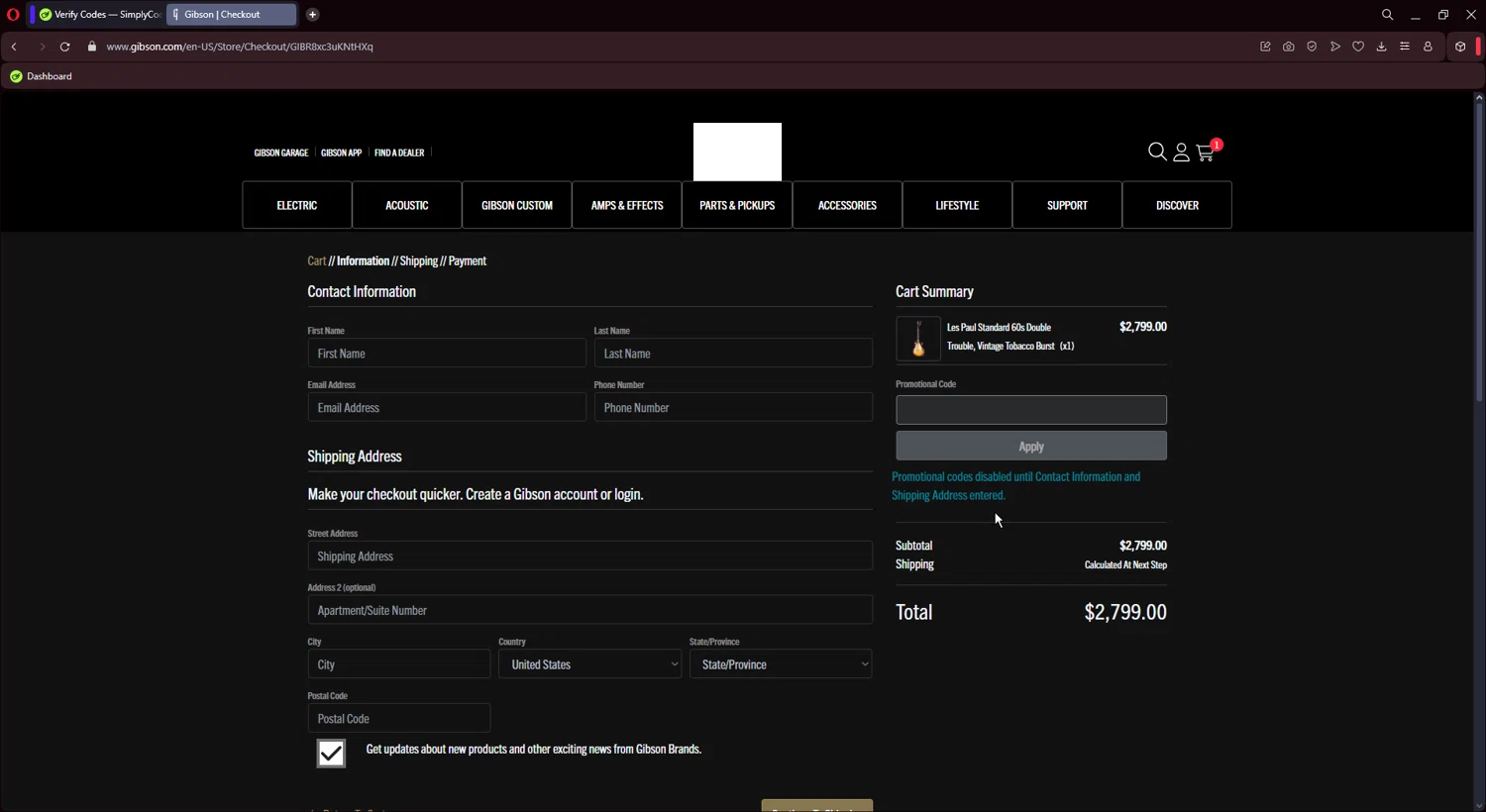 Gibson promo code screenshot showing code 15OFFMOD applied at Gibson checkout page. Uploaded by SimplyCodes community member CoinMaestro864 on Apr 2, 2025
