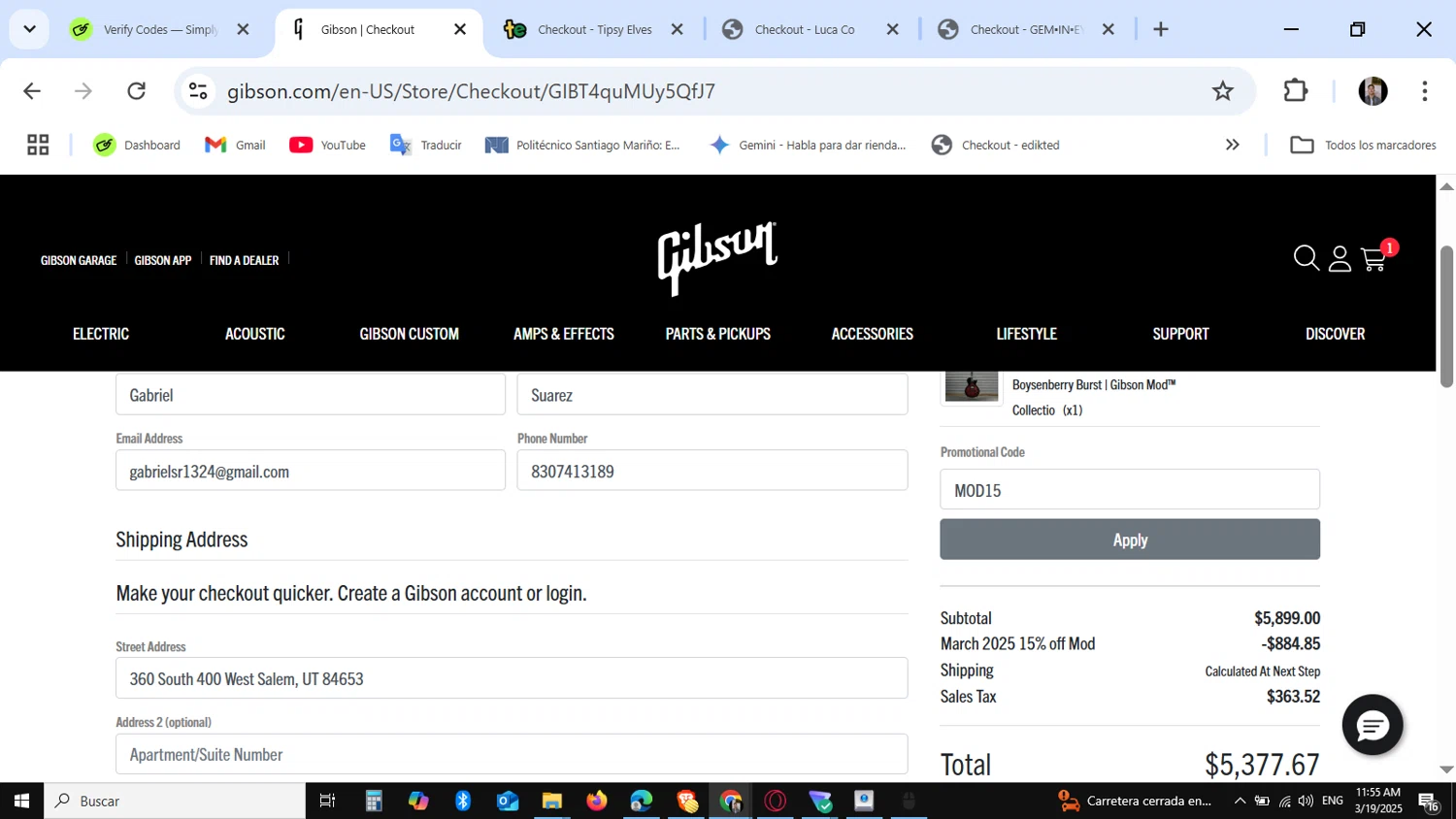 Gibson checkout page showing Gibson promo code box | Screenshot taken by SimplyCodes community member on Mar 19, 2025