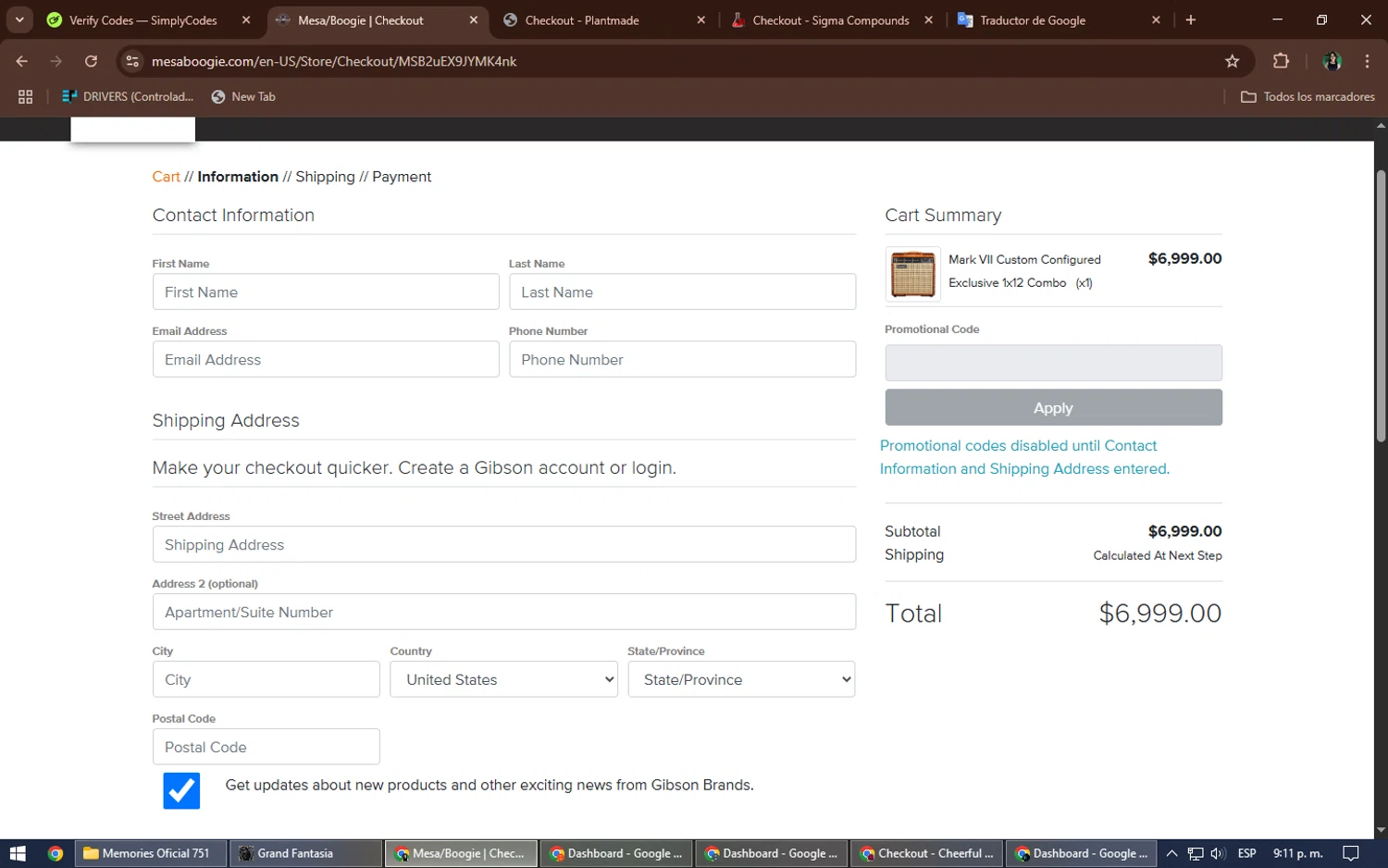 Gibson promo code screenshot showing code MOD15 applied at Gibson checkout page. Uploaded by SimplyCodes community member TheWizard on Apr 23, 2025