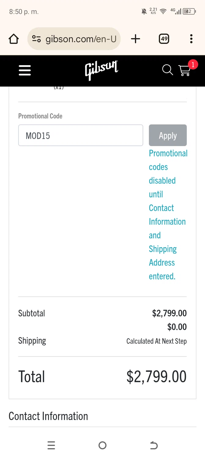 Gibson promo code screenshot showing code MOD15 applied at Gibson checkout page. Uploaded by SimplyCodes community member SavingsLegend7908 on Apr 23, 2025
