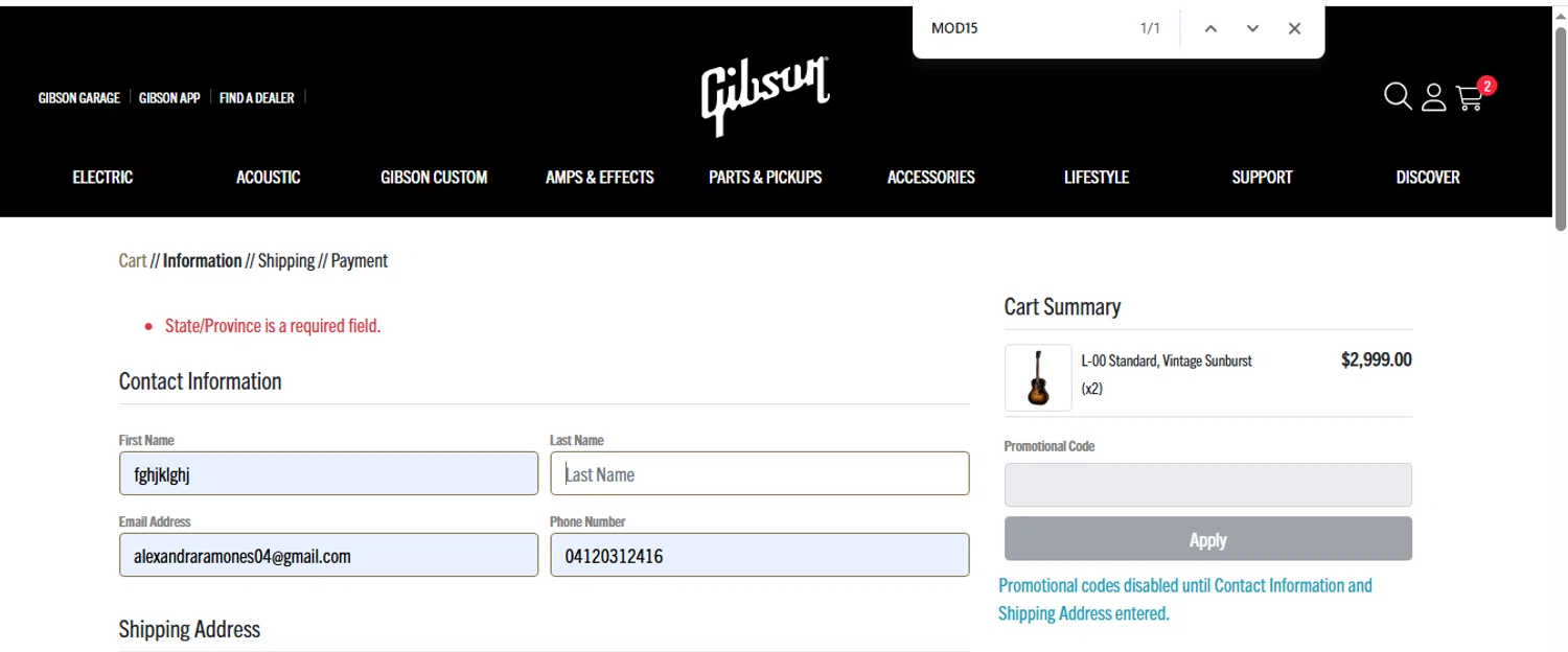 Gibson promo code screenshot showing code MOD15 applied at Gibson checkout page. Uploaded by SimplyCodes community member CouponMaestro5754 on Apr 23, 2025