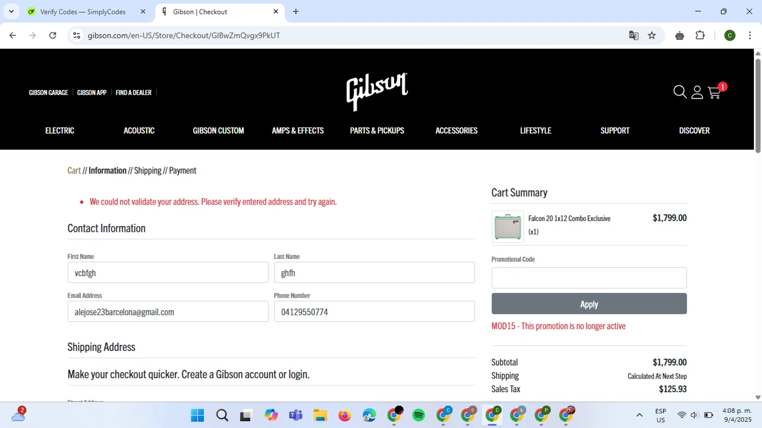 Gibson checkout page showing Gibson promo code box | Screenshot taken by SimplyCodes community member on Apr 9, 2025