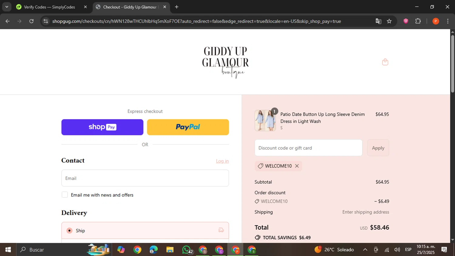 Giddy Up Glamour coupon code screenshot showing code WELCOME10 applied at Giddy Up Glamour checkout page. Uploaded by SimplyCodes community member VictoriousCaptain2658 on Jul 25, 2025