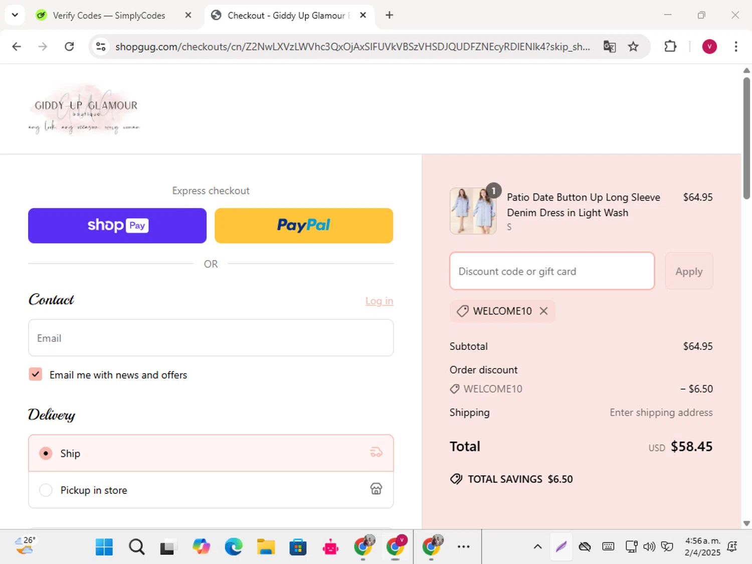 Giddy Up Glamour coupon code screenshot showing code WELCOME10 applied at Giddy Up Glamour checkout page. Uploaded by SimplyCodes community member karoline on Apr 2, 2025