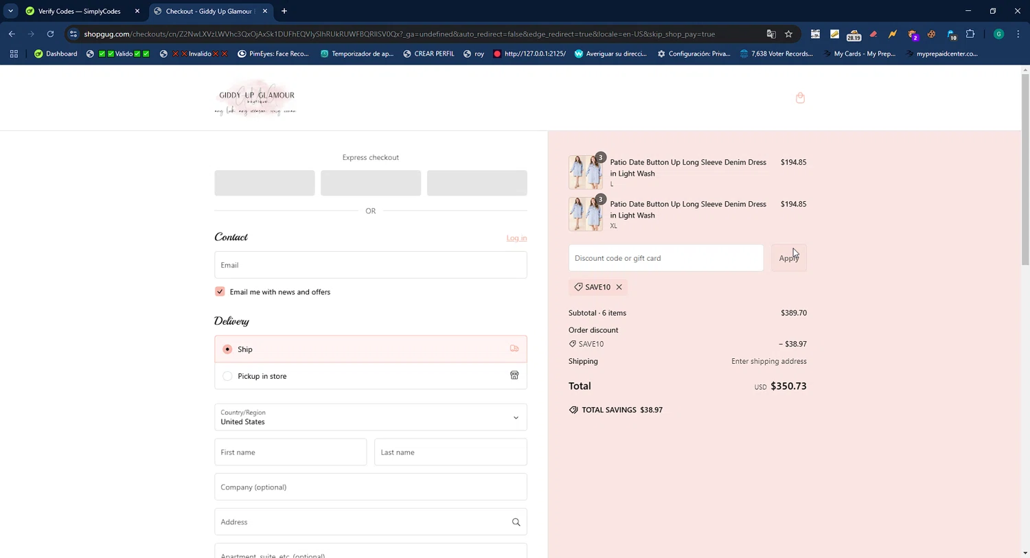 Giddy Up Glamour coupon code screenshot showing code SAVE10 applied at Giddy Up Glamour checkout page. Uploaded by SimplyCodes community member WiseMaestro7997 on Feb 18, 2025