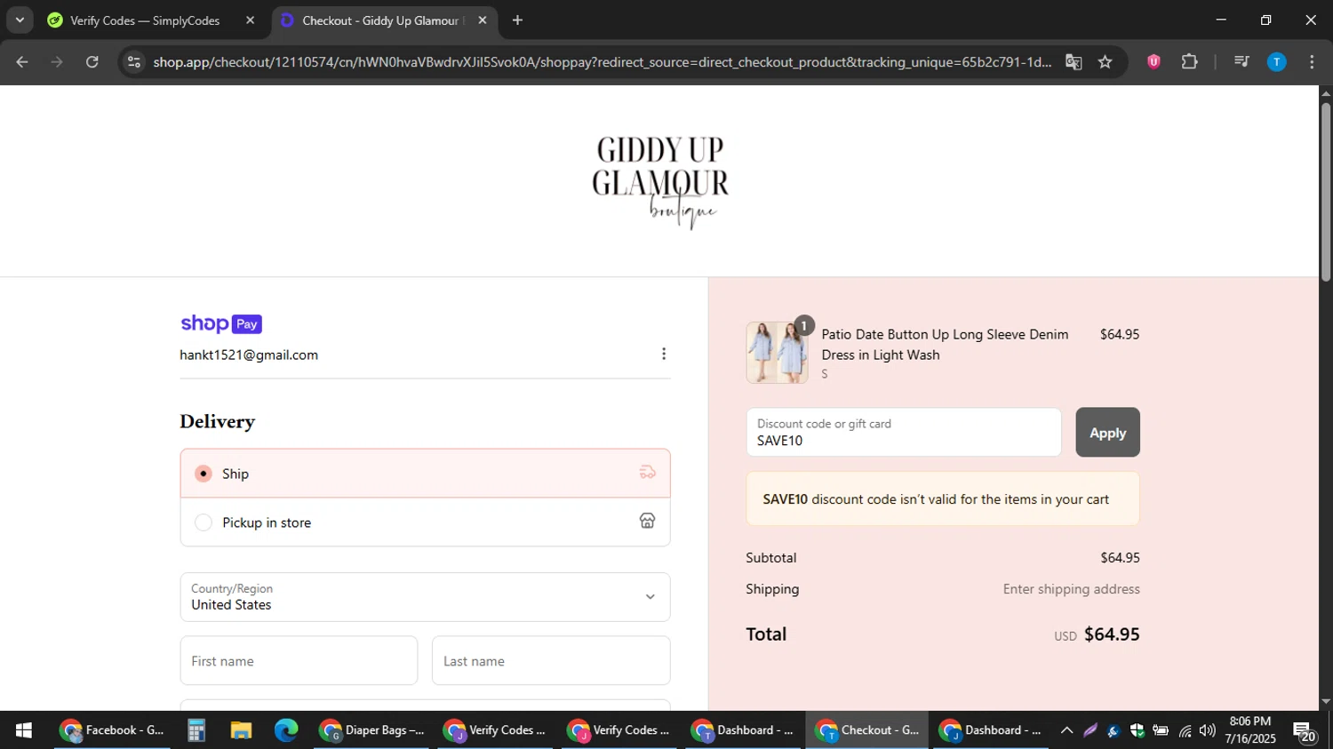 Giddy Up Glamour coupon code screenshot showing code SAVE10 applied at Giddy Up Glamour checkout page. Uploaded by SimplyCodes community member hankt1521 on Jul 17, 2025