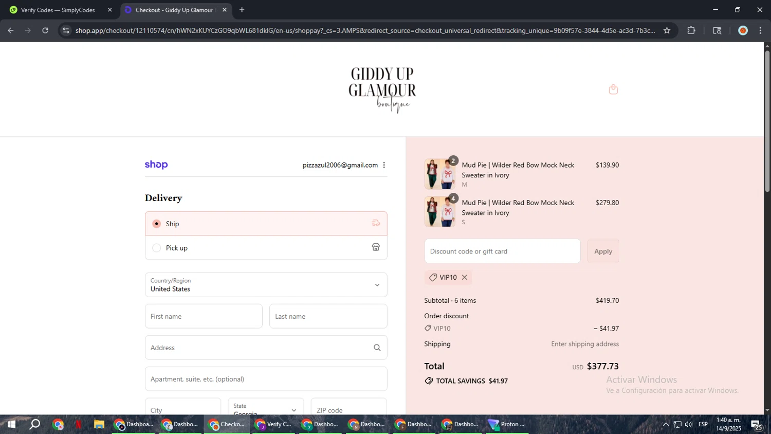 Giddy Up Glamour coupon code screenshot showing code VIP10 applied at Giddy Up Glamour checkout page. Uploaded by SimplyCodes community member BonusCaptain9927 on Sep 14, 2025