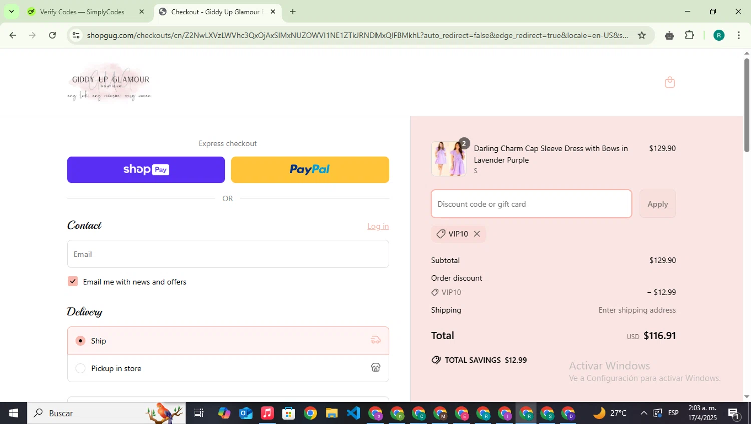 Giddy Up Glamour coupon code screenshot showing code VIP10 applied at Giddy Up Glamour checkout page. Uploaded by SimplyCodes community member SavingsLegend387 on Apr 17, 2025
