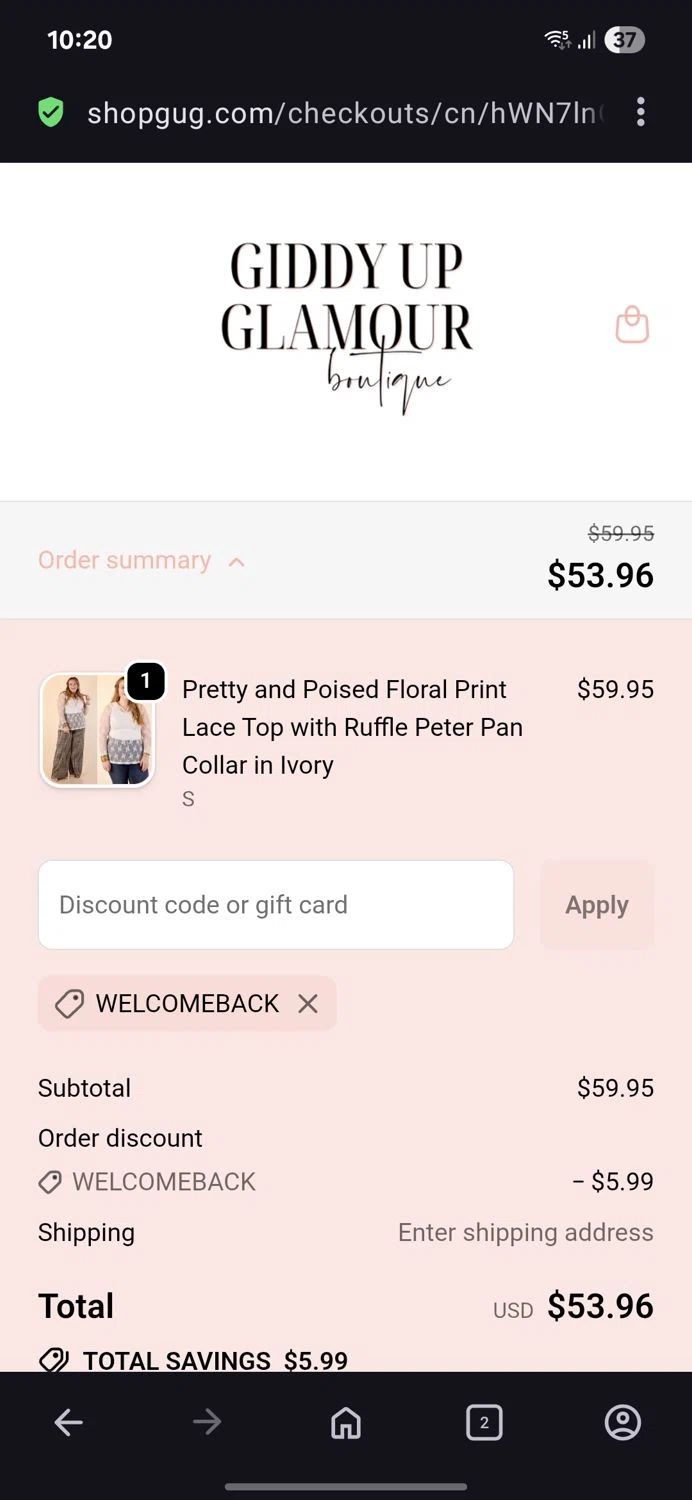 Giddy Up Glamour coupon code screenshot showing code Welcomeback applied at Giddy Up Glamour checkout page. Uploaded by SimplyCodes community member BB9542251456527 on Jan 19, 2026