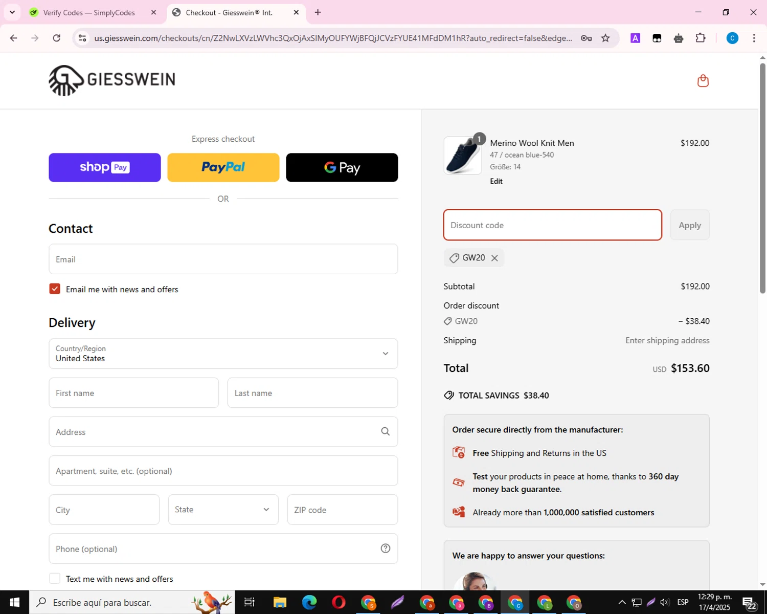 Giesswein discount code screenshot showing code GW20 applied at Giesswein checkout page. Uploaded by SimplyCodes community member CoinNavigator2844 on Apr 17, 2025