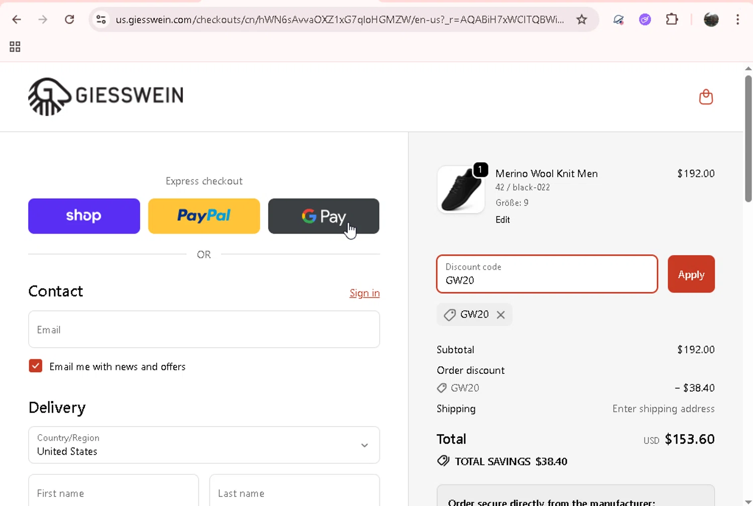 Giesswein discount code screenshot showing code GW20 applied at Giesswein checkout page. Uploaded by SimplyCodes community member onebullet on Dec 26, 2025