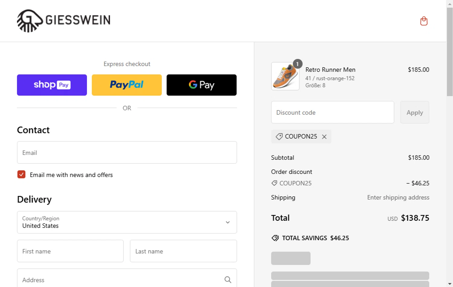 Giesswein discount code screenshot showing code COUPON25 applied at Giesswein checkout page. Uploaded by SimplyCodes community member MagnificentFalcon188 on Feb 22, 2025