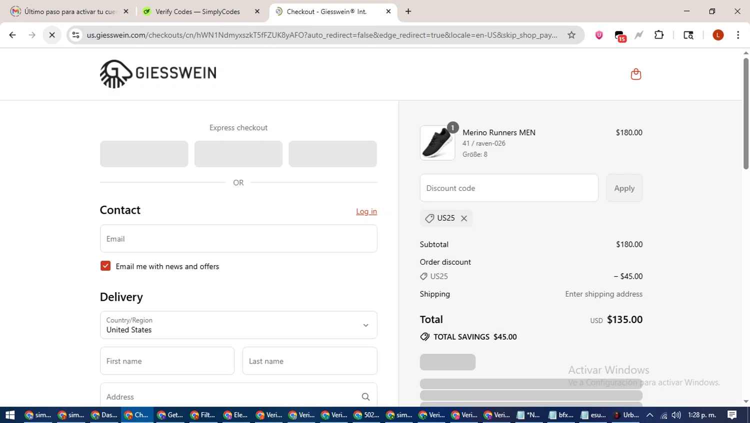 Giesswein discount code screenshot showing code US25 applied at Giesswein checkout page. Uploaded by SimplyCodes community member BonusHero9692 on Aug 3, 2025