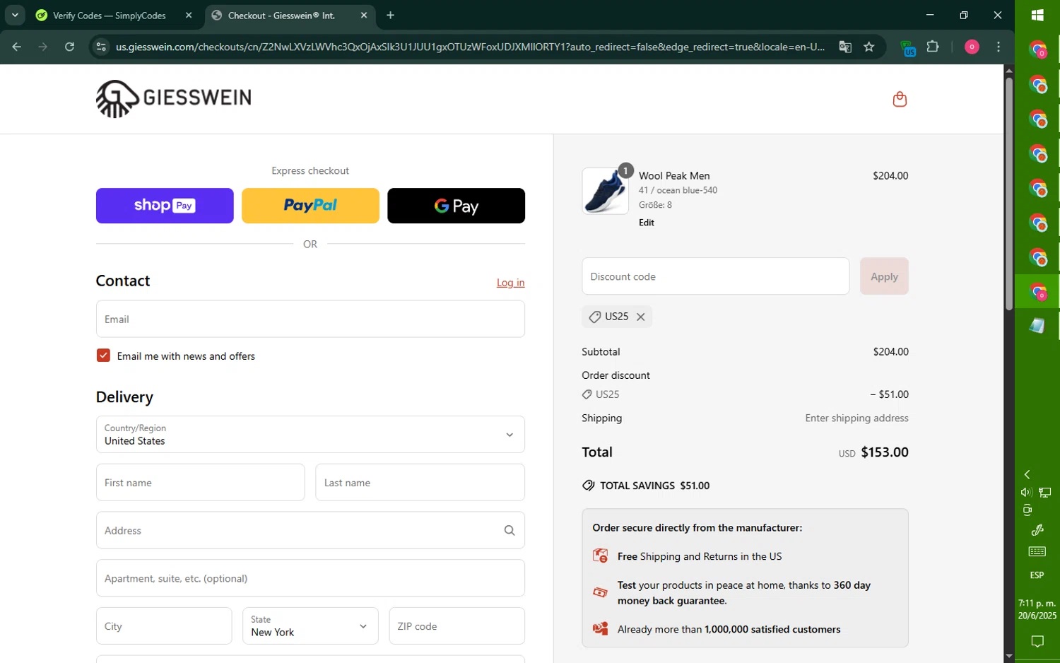 Giesswein discount code screenshot showing code US25 applied at Giesswein checkout page. Uploaded by SimplyCodes community member RebateNavigator926 on Jun 20, 2025