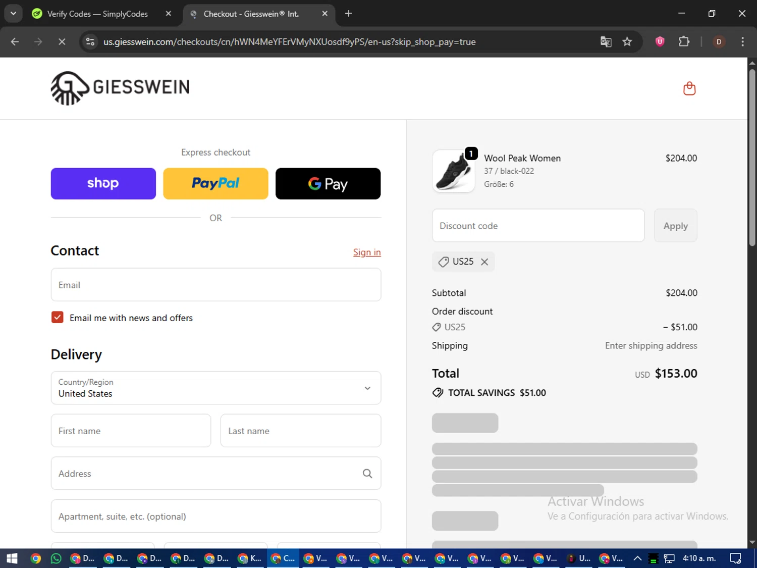 Giesswein discount code screenshot showing code US25 applied at Giesswein checkout page. Uploaded by SimplyCodes community member liltecca on Oct 21, 2025