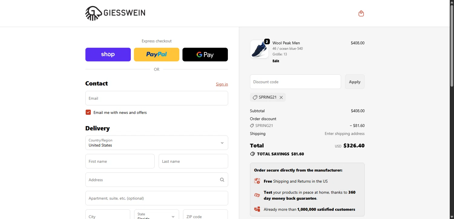 Giesswein discount code screenshot showing code SPRING21 applied at Giesswein checkout page. Uploaded by SimplyCodes community member Lorencia on Oct 21, 2025