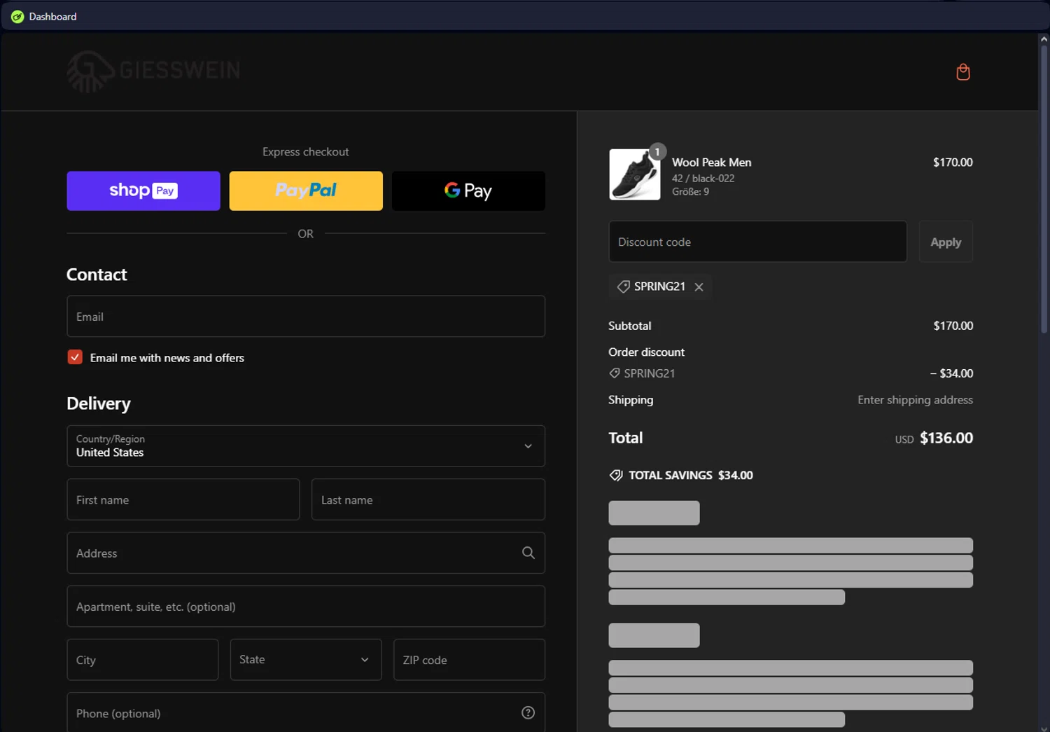 Giesswein discount code screenshot showing code SPRING21 applied at Giesswein checkout page. Uploaded by SimplyCodes community member ScanEagle7415 on Feb 8, 2025