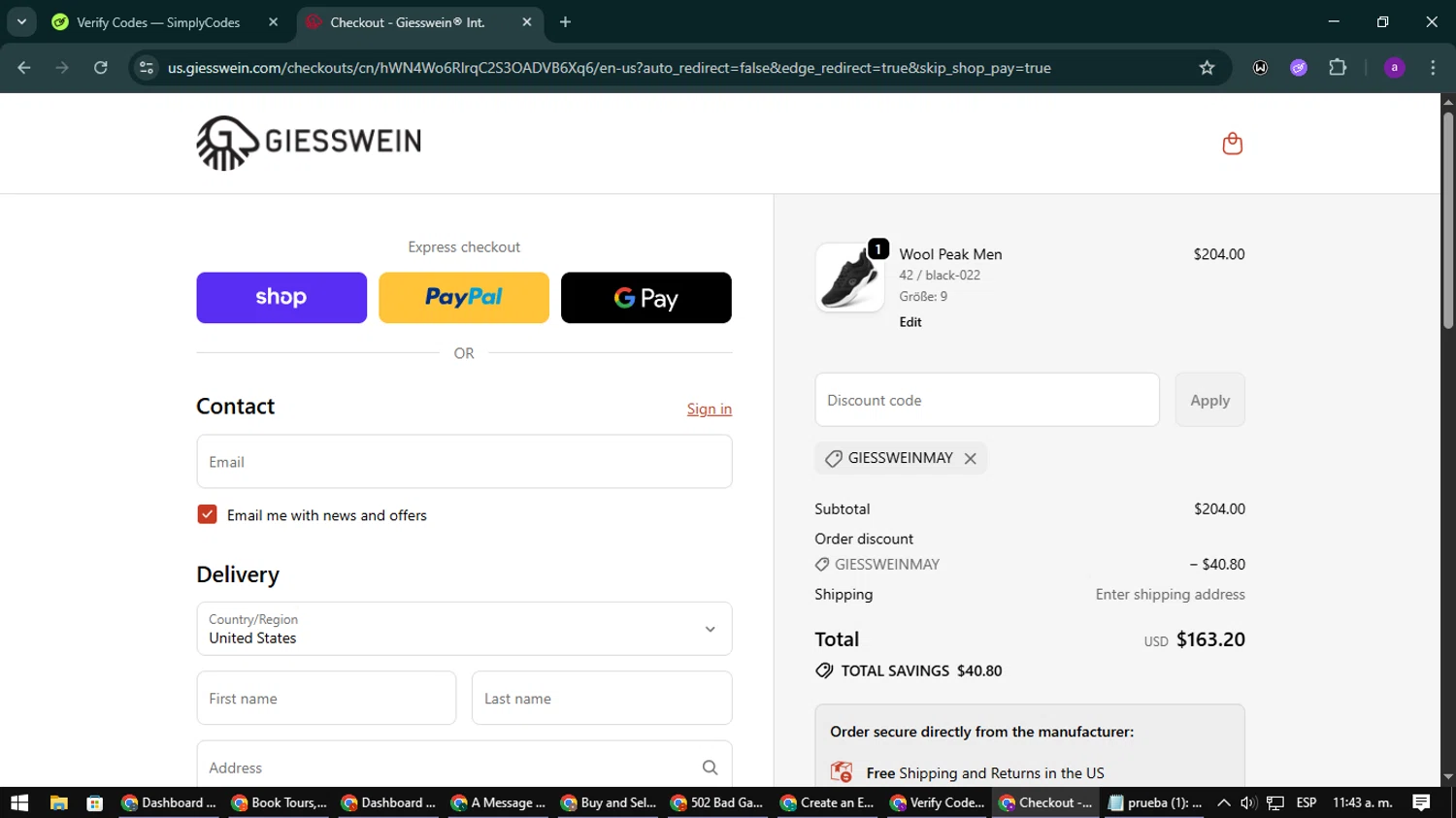 Giesswein discount code screenshot showing code GIESSWEINMAY applied at Giesswein checkout page. Uploaded by SimplyCodes community member CoinElite8997 on Oct 25, 2025