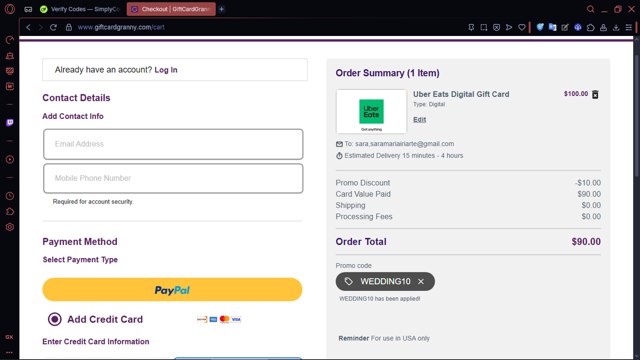 Gift Card Granny checkout page showing Gift Card Granny promo code box | Screenshot taken by SimplyCodes community member on Aug 17, 2025
