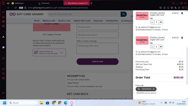Gift Card Granny checkout page showing Gift Card Granny promo code box | Screenshot taken by SimplyCodes community member on Aug 31, 2025
