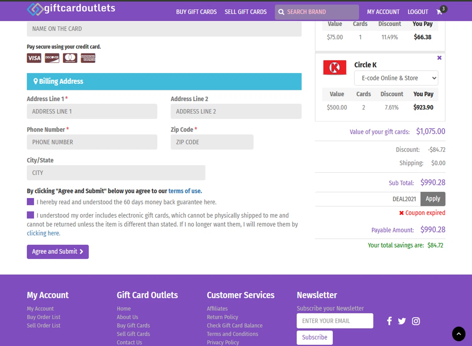 GiftCardOutlets coupon code screenshot showing code DEAL2021 applied at GiftCardOutlets checkout page. Uploaded by SimplyCodes community member ExtraordinaryExpert892 on Sep 19, 2025