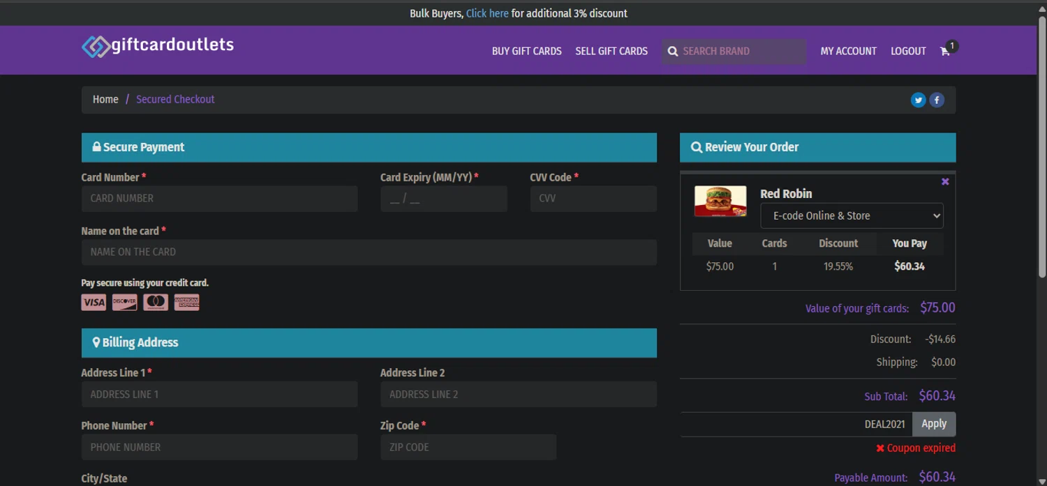 GiftCardOutlets coupon code screenshot showing code DEAL2021 applied at GiftCardOutlets checkout page. Uploaded by SimplyCodes community member Nicoletorres on Sep 19, 2025