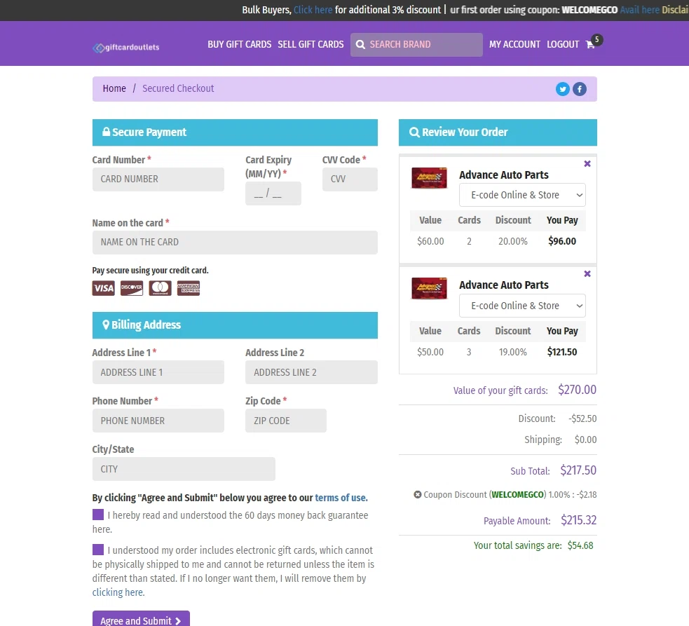 GiftCardOutlets checkout page showing GiftCardOutlets coupon code box | Screenshot taken by SimplyCodes community member on Jul 4, 2023