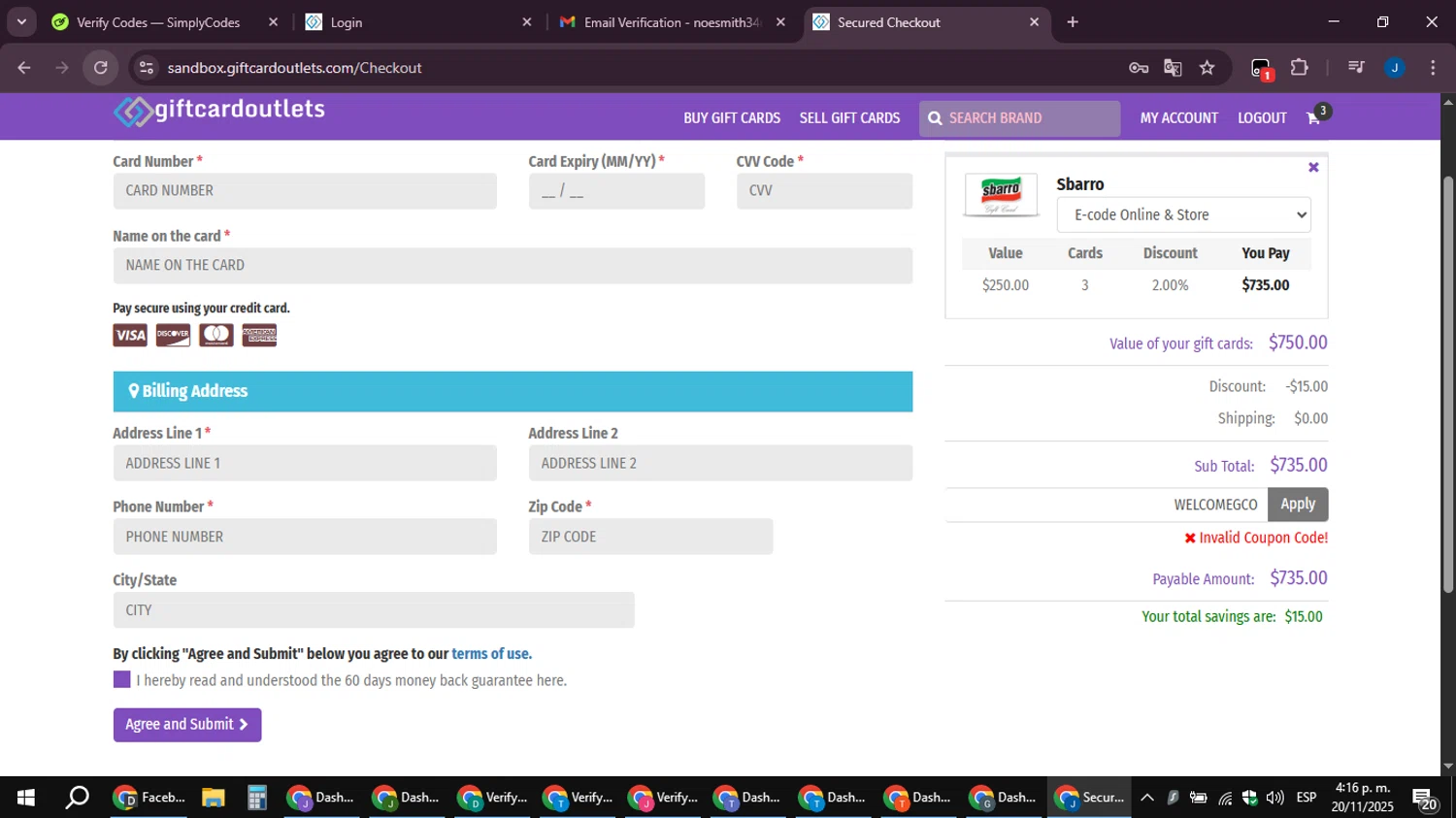 GiftCardOutlets coupon code screenshot showing code WELCOMEGCO applied at GiftCardOutlets checkout page. Uploaded by SimplyCodes community member noesmith34ur on Nov 20, 2025