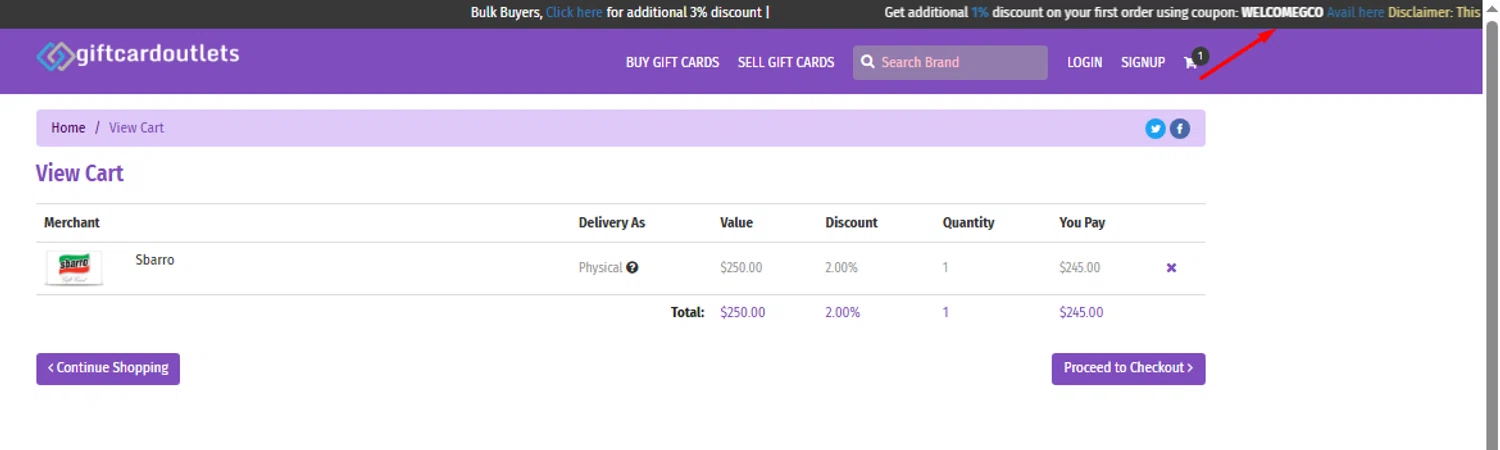 GiftCardOutlets coupon code screenshot showing code WELCOMEGCO applied at GiftCardOutlets checkout page. Uploaded by SimplyCodes community member carlosrivero on Nov 5, 2025