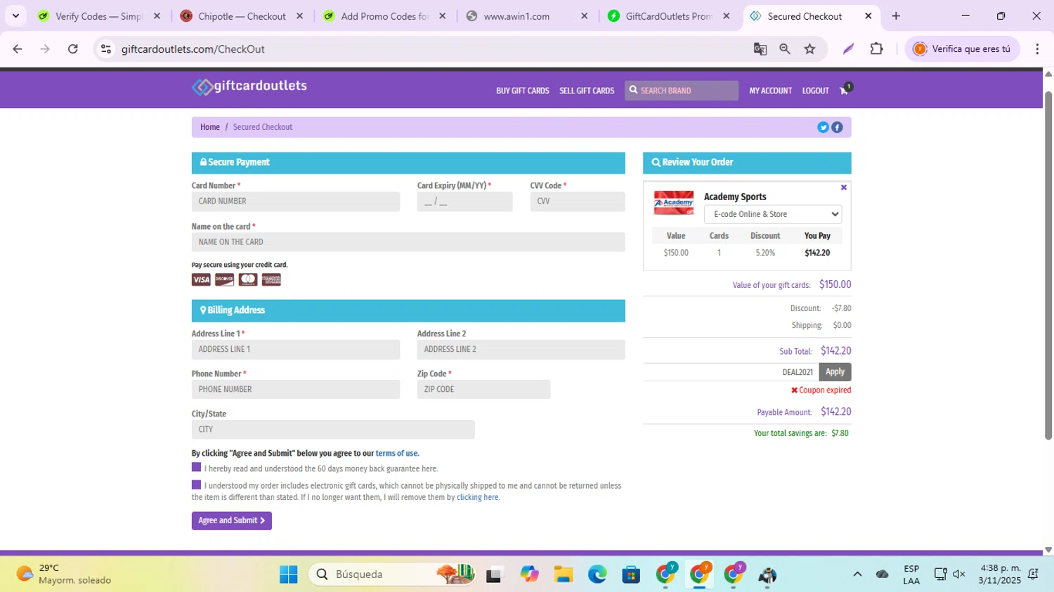 GiftCardOutlets coupon code screenshot showing code DEAL2021 applied at GiftCardOutlets checkout page. Uploaded by SimplyCodes community member jesusalvarez1 on Nov 3, 2025