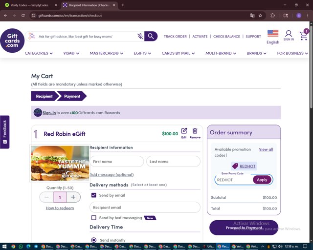 GiftCards.com checkout page showing GiftCards.com promo code box | Screenshot taken by SimplyCodes community member on Aug 20, 2025
