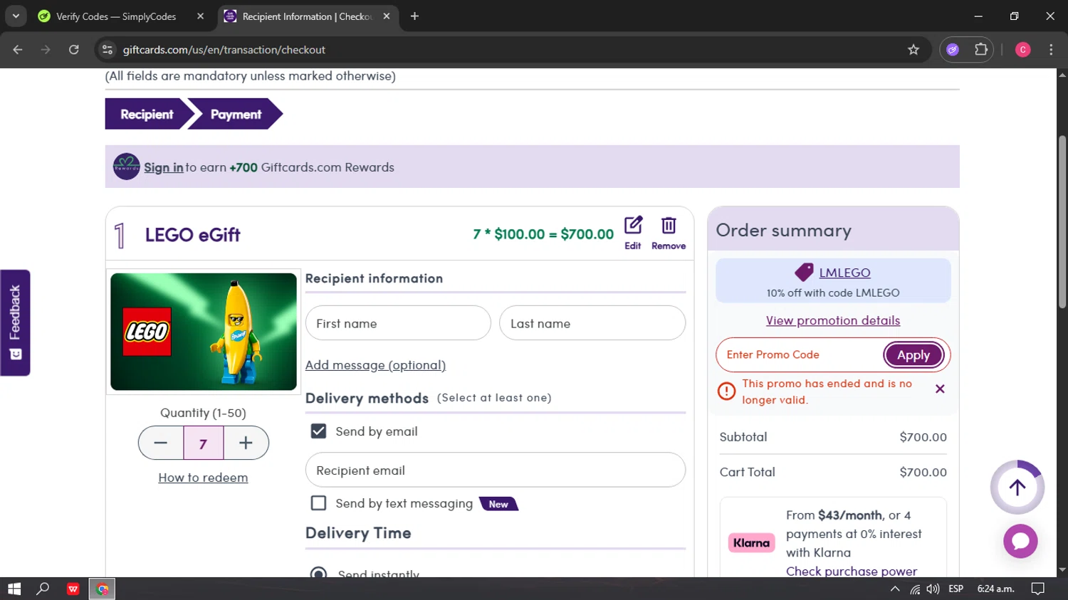 GiftCards.com promo code screenshot showing code NGWLEGO applied at GiftCards.com checkout page. Uploaded by SimplyCodes community member ricardokaka7 on Dec 22, 2025