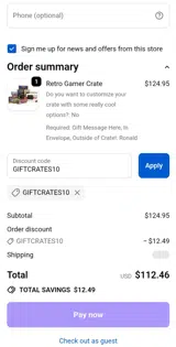 GIFTCRATES10 coupon verification screenshot