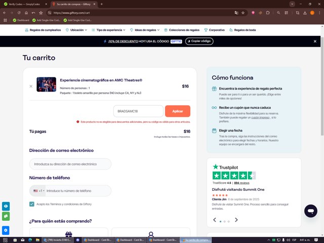 Giftory checkout page showing Giftory promo code box | Screenshot taken by SimplyCodes community member on Sep 8, 2025