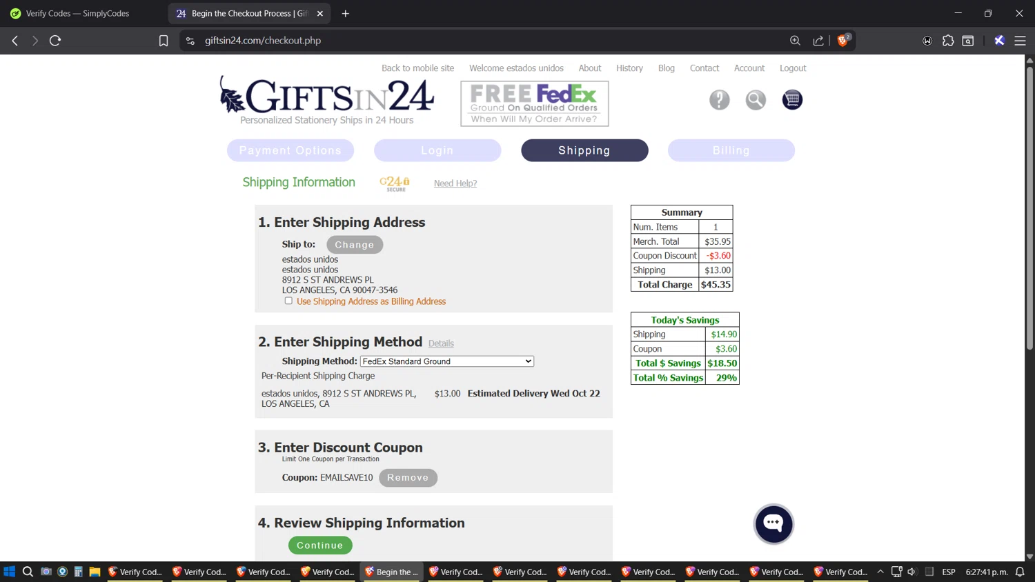GIFTSin24 checkout page showing GIFTSin24 coupon code box | Screenshot taken by SimplyCodes community member on Oct 10, 2025