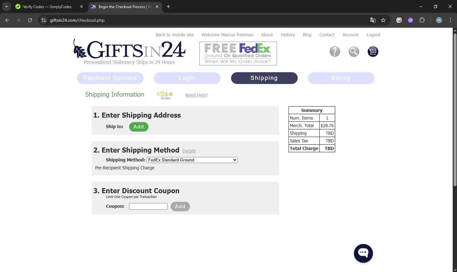 GIFTSin24 coupon code screenshot showing code EMAILSAVE10 applied at GIFTSin24 checkout page. Uploaded by SimplyCodes community member acostaacosta on Nov 27, 2025