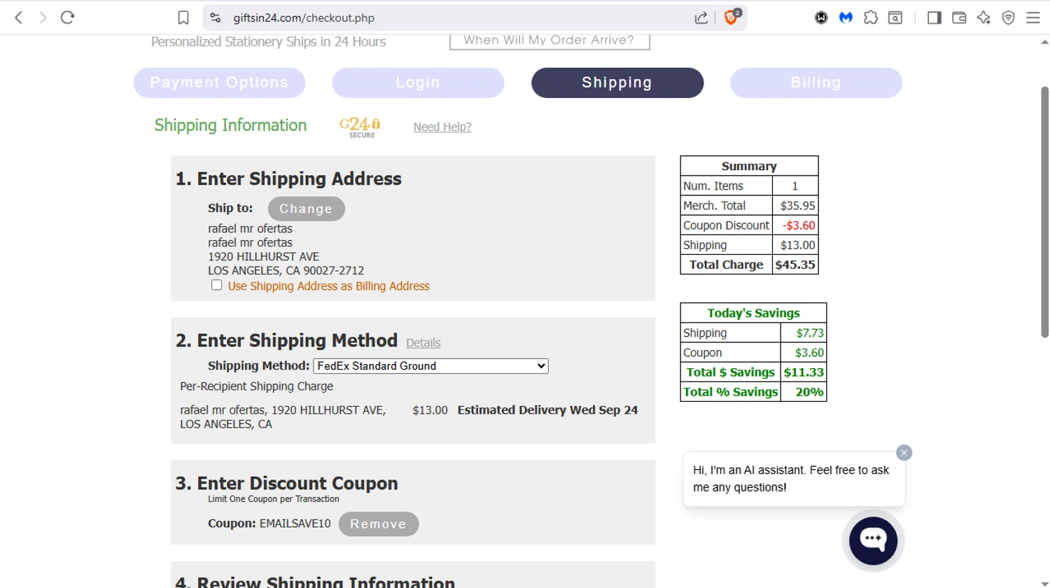 GIFTSin24 checkout page showing GIFTSin24 coupon code box | Screenshot taken by SimplyCodes community member on Sep 15, 2025