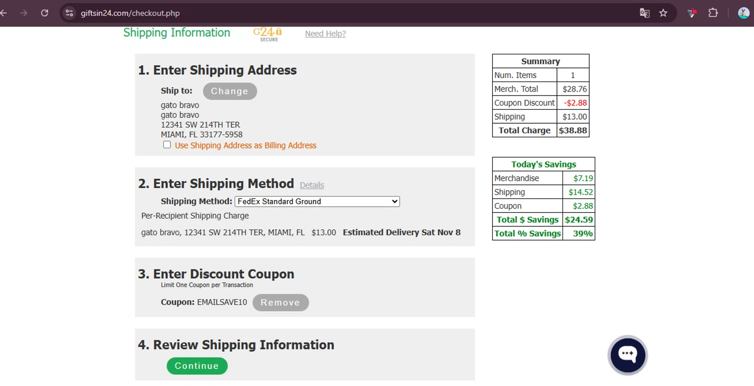 GIFTSin24 coupon code screenshot showing code EMAILSAVE10 applied at GIFTSin24 checkout page. Uploaded by SimplyCodes community member elgatobravo on Oct 28, 2025