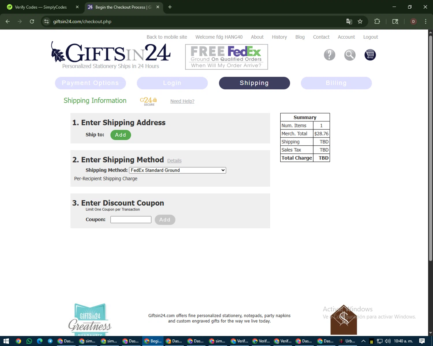 GIFTSin24 checkout page showing GIFTSin24 coupon code box | Screenshot taken by SimplyCodes community member on Aug 14, 2025